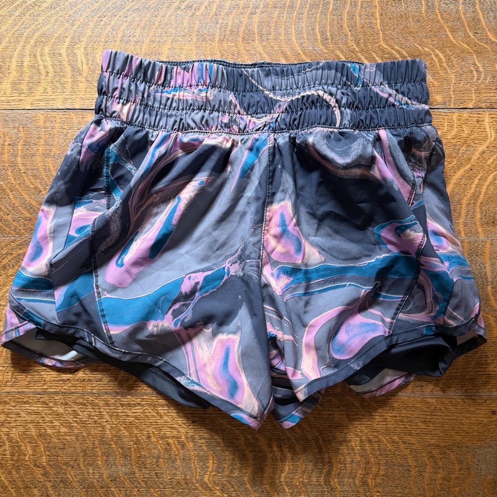 Avia Women's Marble-Print Two-Layer Athletic Shorts in Charcoal, Pink & Teal
